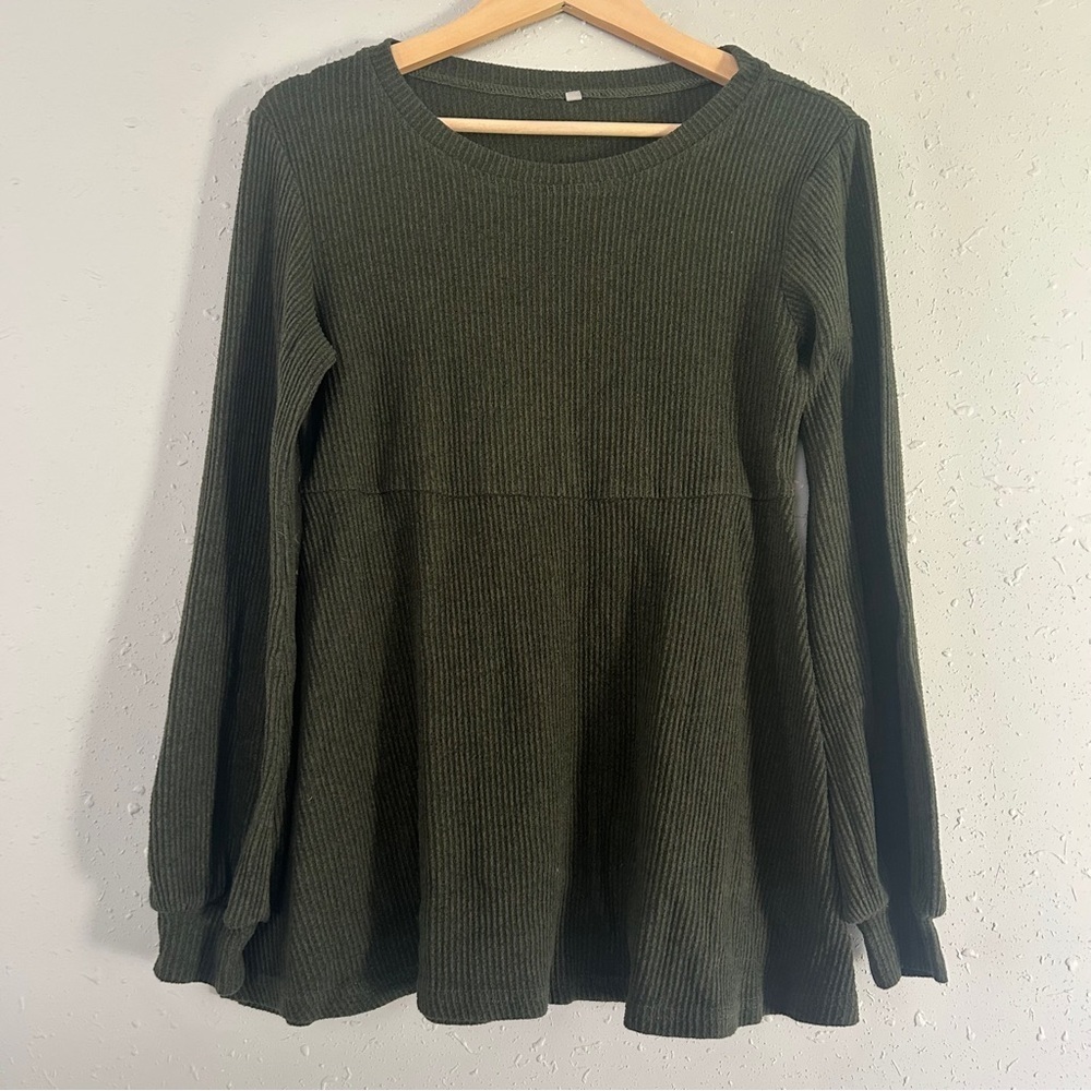 Olive Green Ribbed Knit Top Babydoll Blouse Maternity Casual Comfy Medium